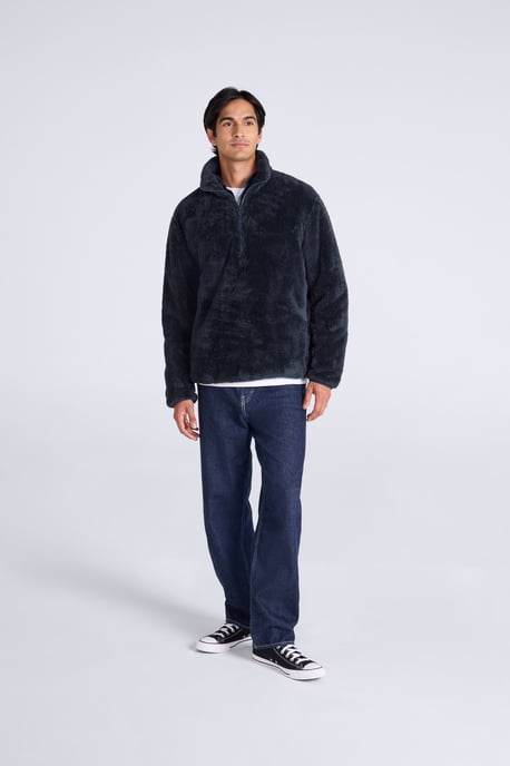 Men's Fleece Teddy Sweater with Pockets Half Zip Warm Cosy Casual Jacket Dark Blue - Image 2