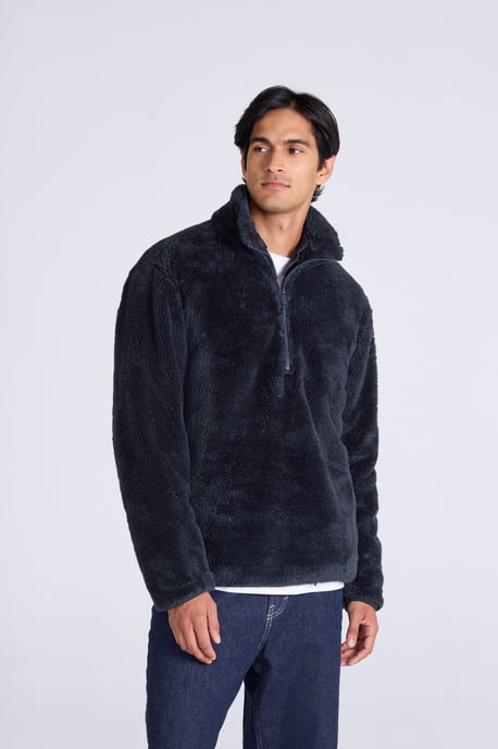 Men's Fleece Teddy Sweater with Pockets Half Zip Warm Cosy Casual Jacket Dark Blue - Image 5