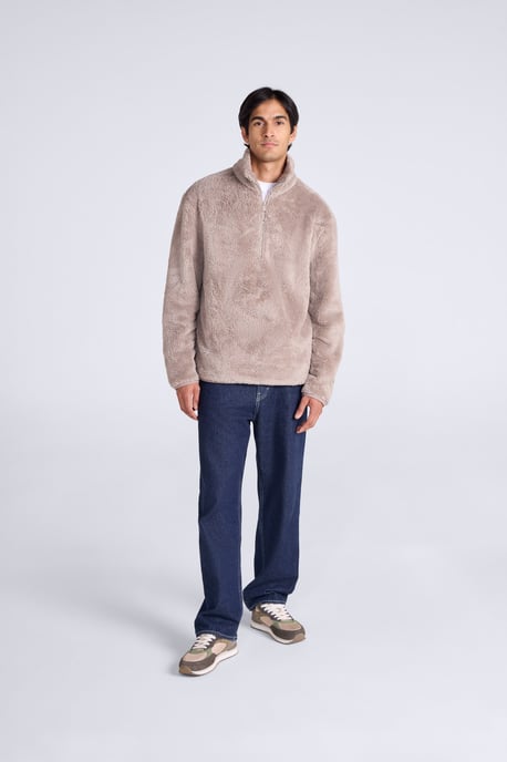 Men's Fleece Teddy Sweater with Pockets Half Zip Warm Cosy Casual Jacket Beige - Image 2
