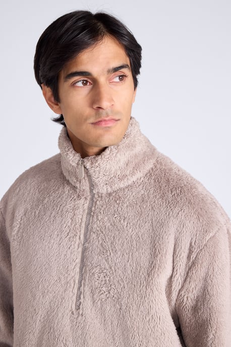 Men's Fleece Teddy Sweater with Pockets Half Zip Warm Cosy Casual Jacket Beige - Image 3