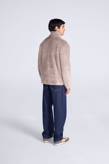 Men's Fleece Teddy Sweater with Pockets Half Zip Warm Cosy Casual Jacket Beige - Image 4