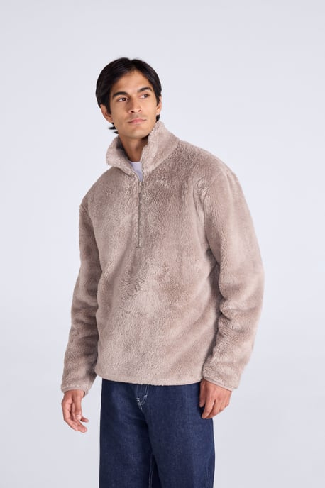 Men's Fleece Teddy Sweater with Pockets Half Zip Warm Cosy Casual Jacket Beige - Image 5