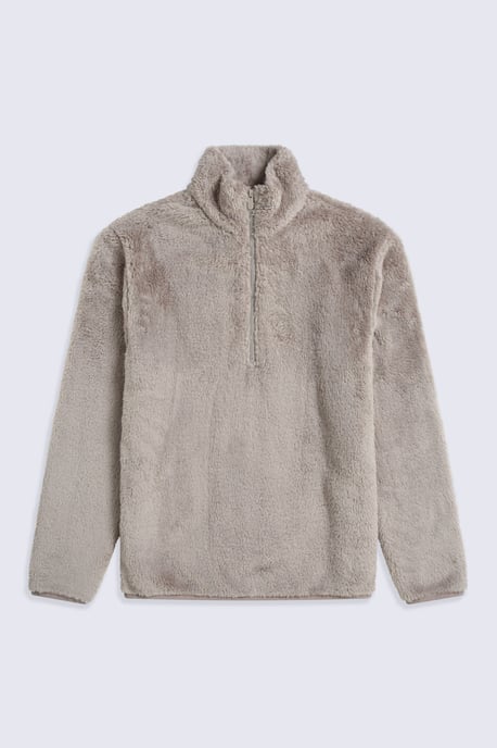 Men's Fleece Teddy Sweater with Pockets Half Zip Warm Cosy Casual Jacket Beige - Image 6