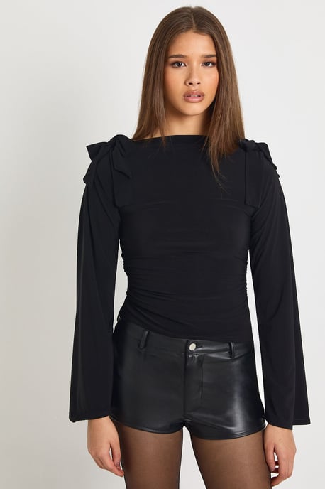 Slinky Bow Shoulder Detail Long Sleeve Top - Image 1