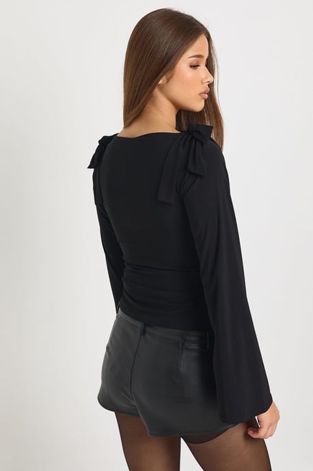 Slinky Bow Shoulder Detail Long Sleeve Top - Image 2