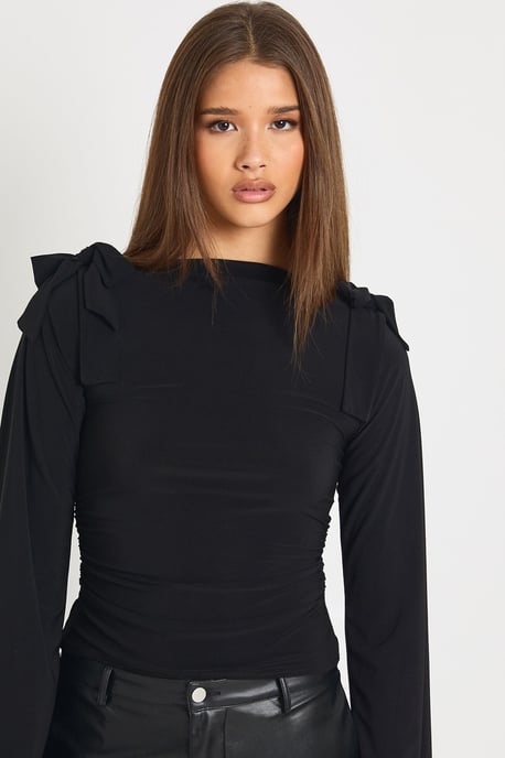 Slinky Bow Shoulder Detail Long Sleeve Top - Image 3