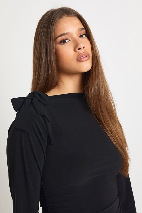 Slinky Bow Shoulder Detail Long Sleeve Top - Image 4
