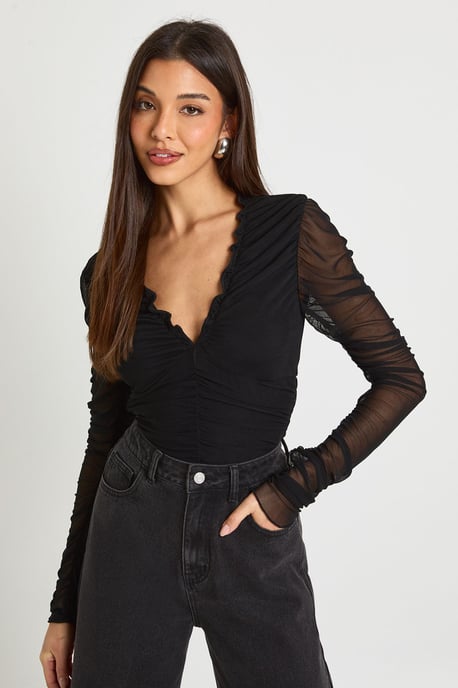 Mesh Ruched Neckline Long Sleeve Bodysuit - Image 1