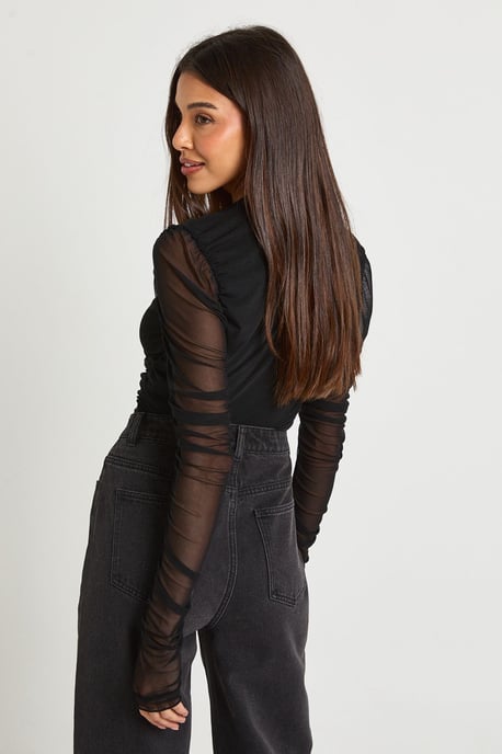 Mesh Ruched Neckline Long Sleeve Bodysuit - Image 2