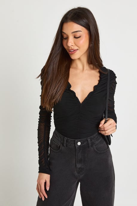 Mesh Ruched Neckline Long Sleeve Bodysuit - Image 3