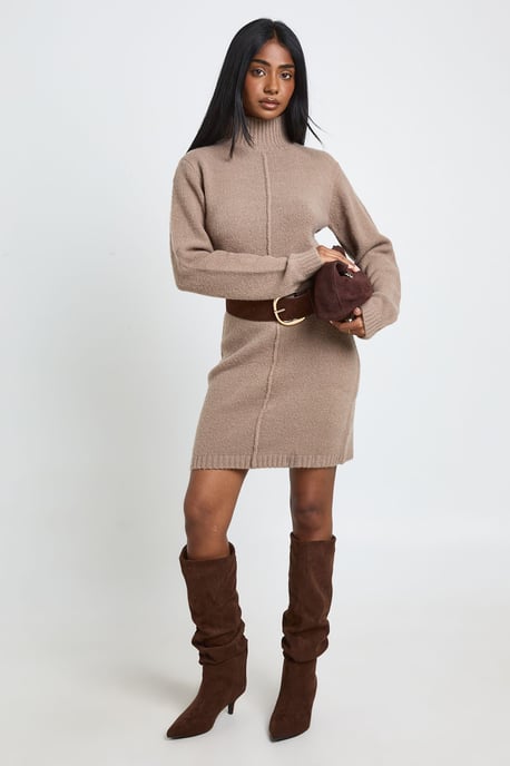 High Neck Seam Detail Knitted Mini Jumper Dress - Image 1