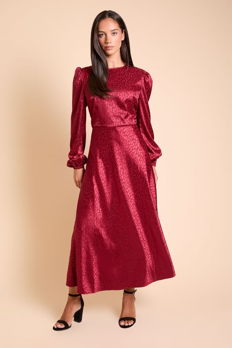 Satin Jacquard Empire Long Sleeve Midi Dress - Image 1