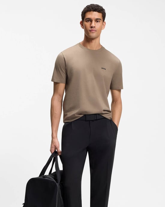 Regular Fit Short Sleeve Logo Detail T-Shirt in Taupe - Image 4