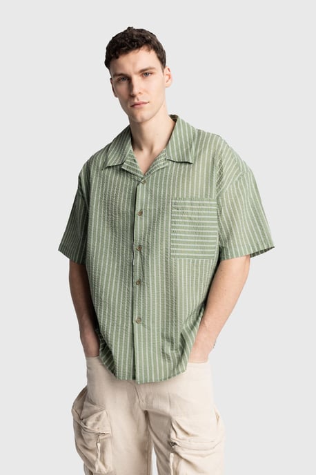 Gestrikte Gestreepte Korte Mouw Shirt met Zak - Image 2