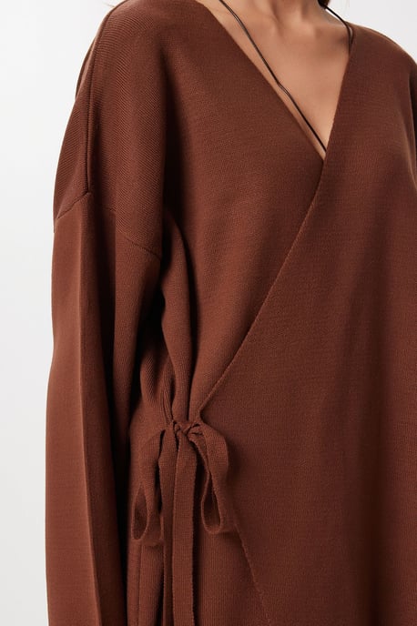 Oversized Tie Detail V-Neck Knitwear Two-Piece Set - Image 3
