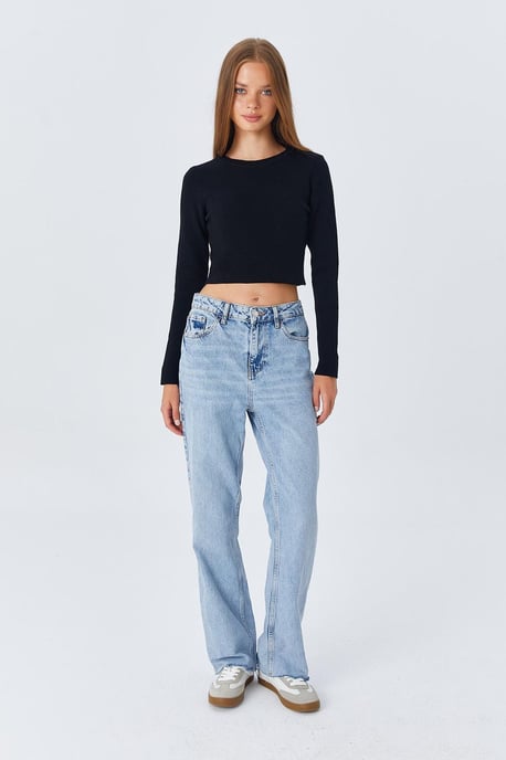 Long Sleeve Basic Crop Knit Top - Image 2