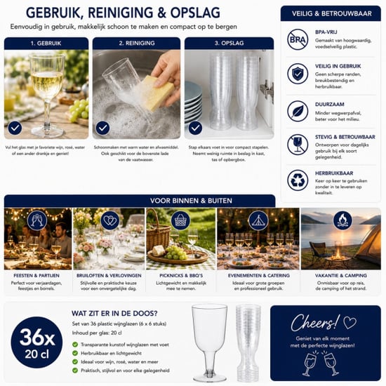 WDMT Set van 36 plastic wijnglazen 20 cl – transparante kunststof wijnglazen met voet - Image 1
