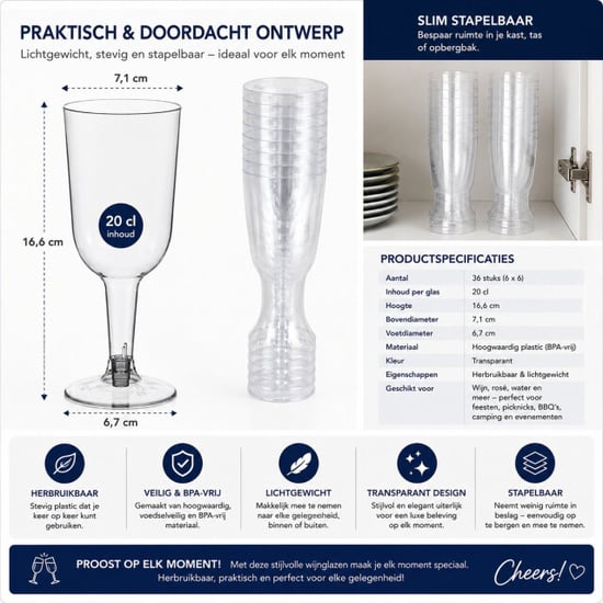WDMT Set van 36 plastic wijnglazen 20 cl – transparante kunststof wijnglazen met voet - Image 3