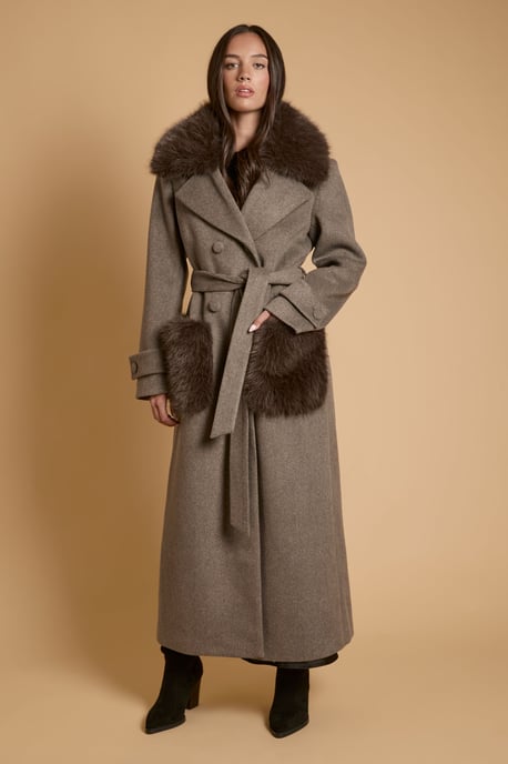 Faux Fur Collar Wrap Coat with Statement Fur Pockets - Image 1