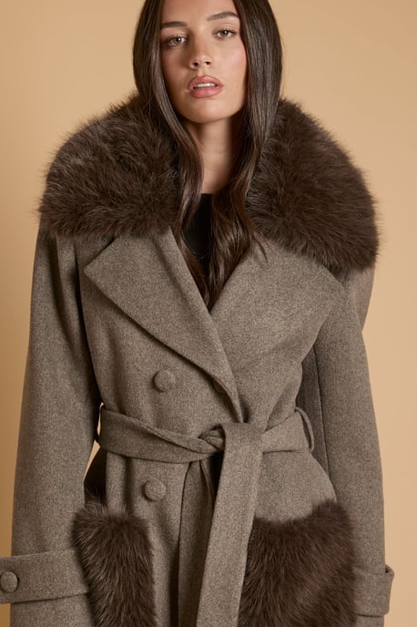 Faux Fur Collar Wrap Coat with Statement Fur Pockets - Image 2