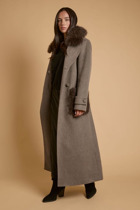 Faux Fur Collar Wrap Coat with Statement Fur Pockets - Image 4