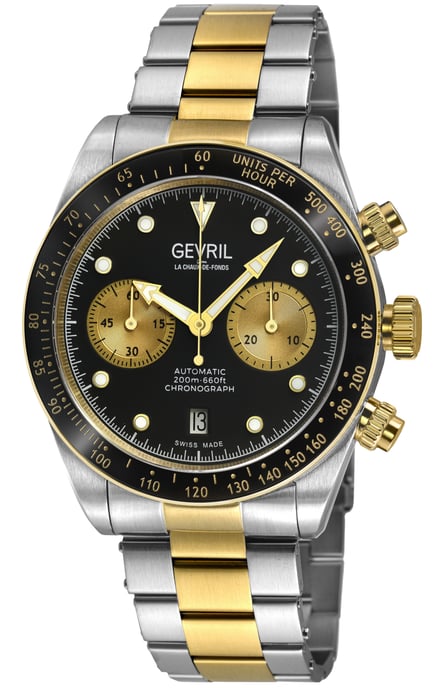Gevril Men's Barclay Swiss Automatic Chronograph Movement, ETA 7753 IPYG Top Ring, Black Matt Dial, Two toned IPYG 316L Stainless Steel Bracelet - Image 1