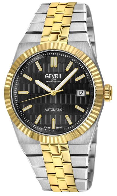 Gevril Men's Pier 17 Swiss Automatic IPYG Top Ring, Black Embossed Dial, Two toned IPYG Watch - Image 1