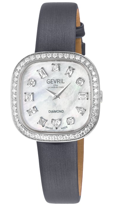 Gevril Women's Infinita Swiss Diamond Watch White MOP Dial, Gray Handmade Italian Leather Strap - Image 1