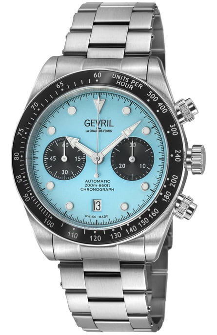 Gevril Men's Barclay Swiss Automatic Chronograph Movement, ETA 7753, Blue Matt Dial, 316L Stainless Steel Bracelet - Image 1