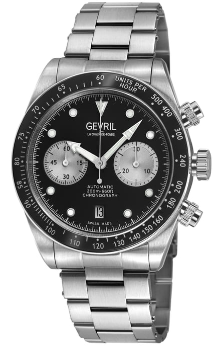 Gevril Men's Barclay Swiss Automatic Chronograph Movement, ETA 7753 Black Matt Dial, 316L Stainless Steel Bracelet - Image 1
