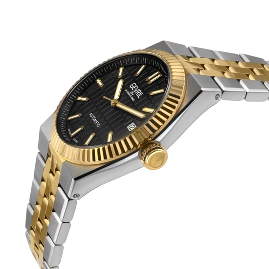 Gevril Men's Pier 17 Swiss Automatic IPYG Top Ring, Black Embossed Dial, Two toned IPYG Watch - Image 3