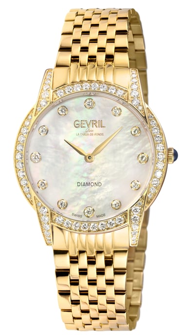 Gevril Women's Airolo Swiss Diamond Watch White MOP Dial IPYG Diamond Case IPYG Bracelet - Image 1