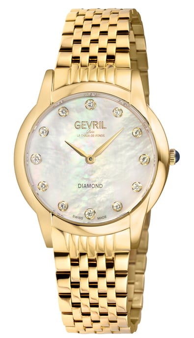 Gevril Women's Airolo Swiss Diamond Watch White MOP Dial 316L Stainless Steel IPYG Bracelet - Image 1