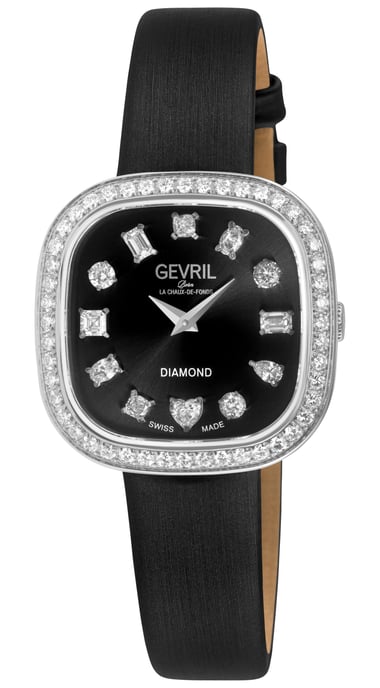 Gevril Women's Infinita Swiss Diamond Watch Black Dial, Black Handmade Italian Leather Strap - Image 1