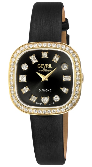 Gevril Women's Infinita Swiss Diamond Watch Black Dial, Black Handmade Italian Leather Strap - Image 1