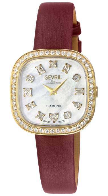Gevril Women's Infinita Swiss Diamond Watch White MOP Dial, Red Handmade Italian Leather Strap - Image 1