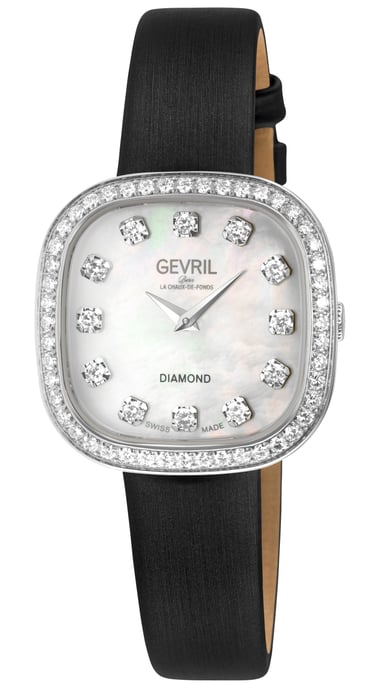 Gevril Women's Infinita Swiss Diamond Watch White MOP Dial, Black Handmade Italian Leather Strap - Image 1