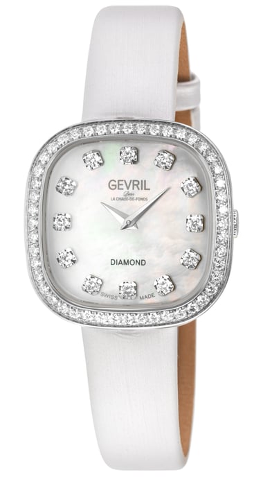Gevril Women's Infinita Swiss Diamond Watch White MOP Dial, Silver Handmade Italian Leather Strap - Image 1