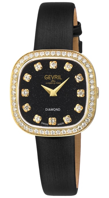 Gevril Women's Infinita Swiss Diamond Watch Black Sand Dial, Black Handmade Italian Leather Strap - Image 1