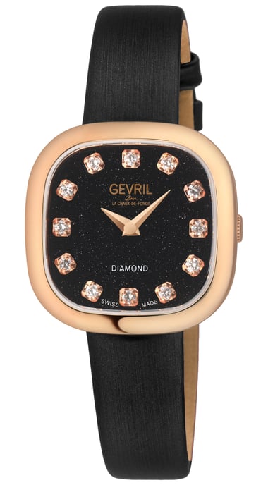 Gevril Women's Infinita Swiss Diamond Watch Black Sand Dial, Black Handmade Italian Leather Strap - Image 1