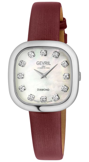 Gevril Women's Infinita Swiss Diamond Watch White MOP Dial, Red Handmade Italian Leather Strap - Image 1