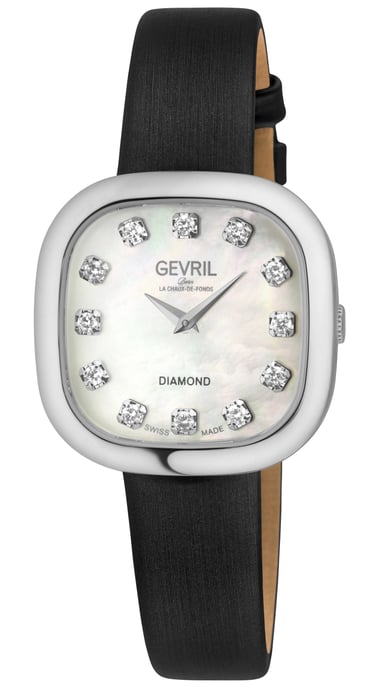 Gevril Women's Infinita Swiss Diamond Watch White MOP Dial, Black Handmade Italian Leather Strap - Image 1