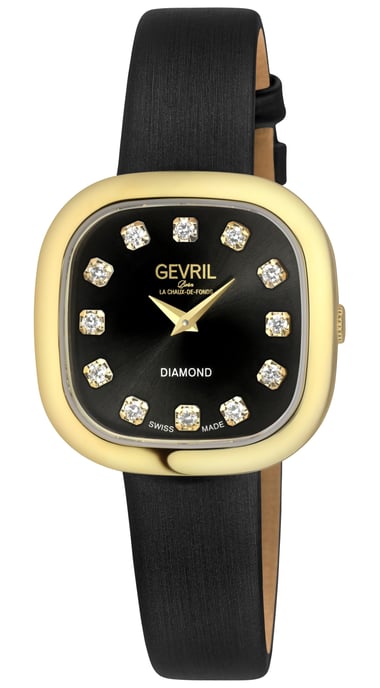 Gevril Women's Infinita Swiss Diamond Watch Black Dial, Black Handmade Italian Leather Strap - Image 1