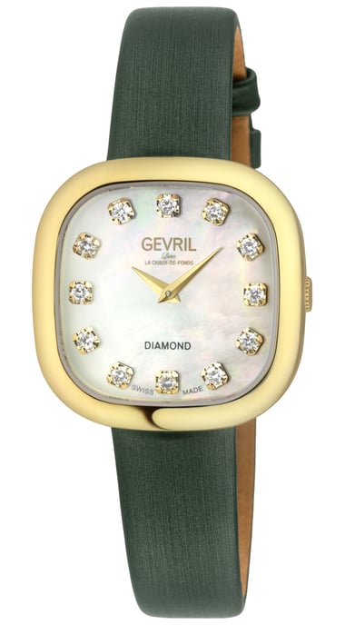 Gevril Women's Infinita Swiss Diamond Watch White MOP Dial, Dark Green Handmade Italian Leather Strap - Image 1