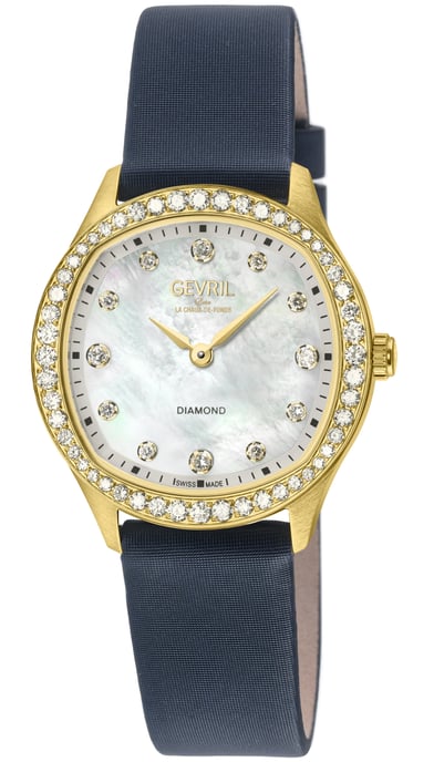 Gevril Women's Morcote Swiss Diamond Watch White MOP, Blue Handmade Italian Leather Strap - Image 1