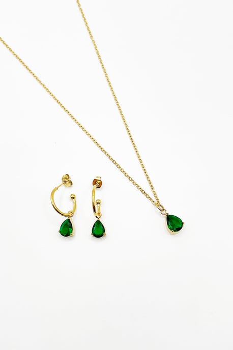 Rhinestone Teardrop Necklace & Earrings Set in Green - Gift Boxed - Image 1