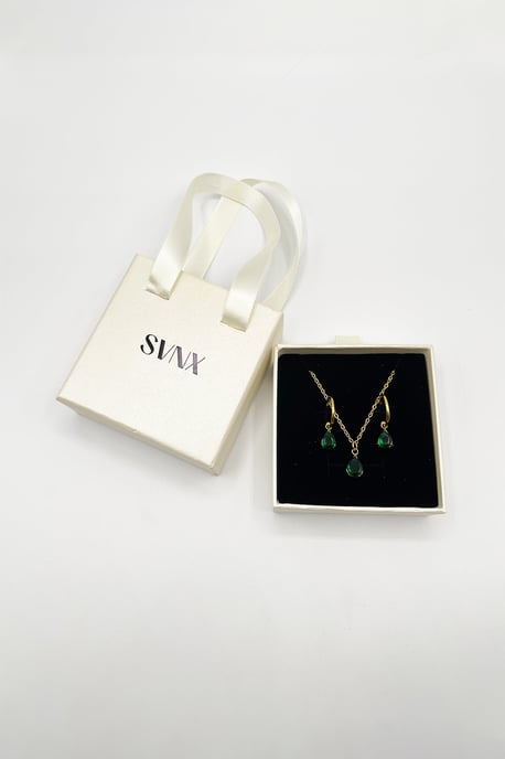 Rhinestone Teardrop Necklace & Earrings Set in Green - Gift Boxed - Image 3