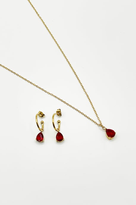 Rhinestone Teardrop Necklace & Earrings Set in Red - Gift Boxed - Image 1