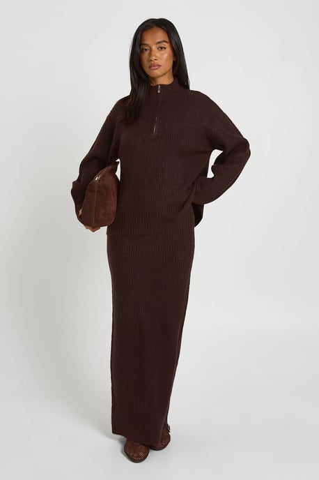 Petite Chunky Knit Zip Neck Jumper and Maxi Skirt Co-Ord - Image 1