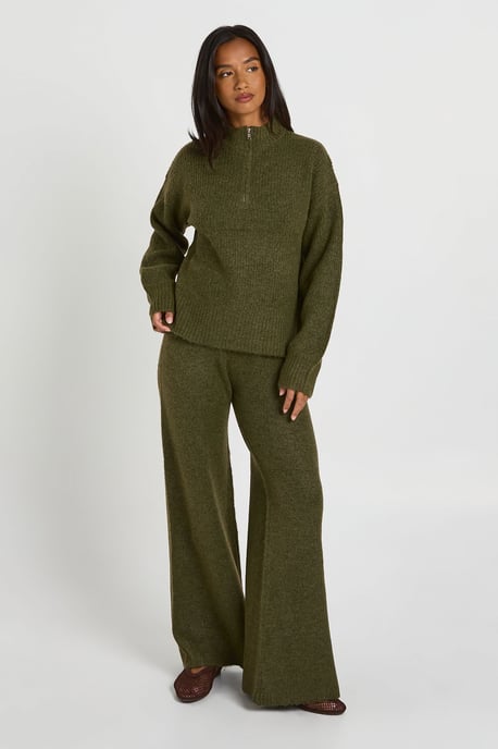 Petite Super Soft Zip Neck Oversized Jumper and Wide Leg Trouser Co-Ord - Image 1